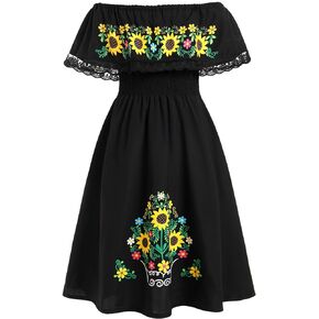 Kids Girls Mexican Dress Off-Shoulder Sunflower Print Drape Traditional Ethnic Wear Birthday Dresses