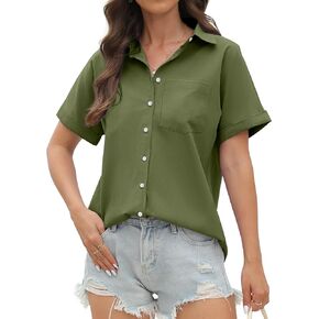 CUNLIN 100% Cotton Short Sleeve Shirts for Women Button Down Shirt Womens Blouses Casual Summer Tops with Pockets