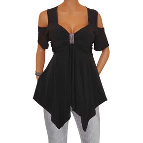 بلوزة نسائية بمقاس كبير باللون الأسود اللامع بدون أكتاف، صُنعت في الولايات المتحدة الأمريكية in Kuwait