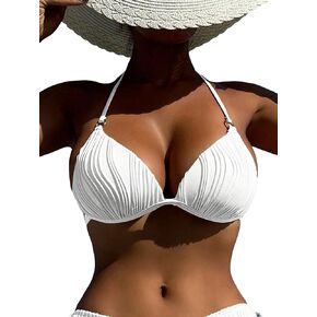 SOLY HUX Women's Textured Push Up Bikini Top Halter Tie Backless Bathing Suit Tops Cheeky Swimsuits
