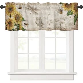 Semi-Sheer Rod Pocket Kitchen Curtain Valance and Tiers Set,Retro Farmhouse Sunflowers and Honey Bee Vintage Background 36 Inch Length Living Room Bedroom Bathroom 3 Piece Set