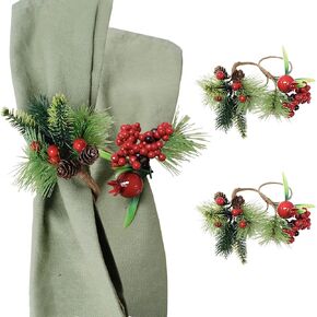 Angel Isabella Christmas Collection Napkin Rings - Cloth Napkin Holder for Table Setting, Pinecone Napkin Rings with Berries Accessories & Decor to Match Holiday Dinner Dining Table Top- Set of 4