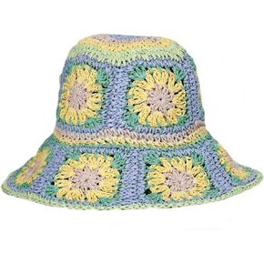 Women Straw Sun Hat Floral Woven Crochet Bucket Hat Y2k Aesthetic Accessories Beach Hat Hand Woven Boho Foldable Cap