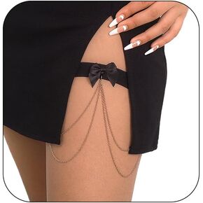 Boho Sexy Bow-knot Tassel Elastic Thigh Chain Vintage Bow Tie Stretch Leg Chain for Women Beach Bikini Party Body Chain Jewelry for Women Girls