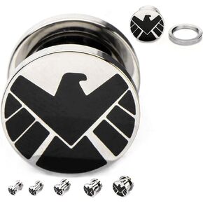 Marvel Comics Unisex Black Enamel S.H.I.E.L.D Logo Screw Fit Steel Plugs. Black/Silver. One Size.