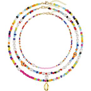 Colorful Beaded Necklace Set for Women, Summer Beach Rainbow Choker Necklace, Waterproof Evil Eye Seed Bead Necklace, Boho Handmade Pearl Necklace, Y2K Jewlery Trendy Gift for Women Teen Girls