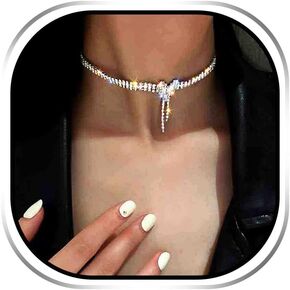 EARENT Rhinestone Bow Choker Necklace Jewelry Silver Tennis Crystal Bowknot Prom Choker Necklaces Chain for Women