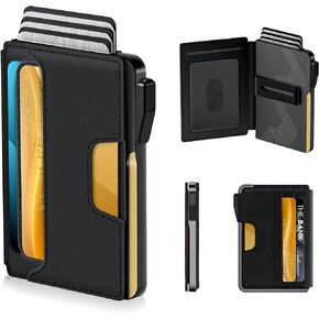 Wallet for Men - Slim Leather Mens Wallet Pop up Card Holder with Money Clip,Credit Card Slots,ID Window - RFID Blocking Minimalist Wallet with Gift Box (BLACK)