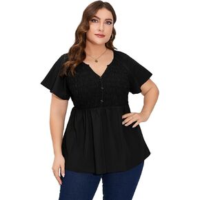 Women Plus Size V Neck Peplum Tunic Tops Casual Short Sleeve Button Down Babydoll Shirts Swing Flowy Blouse Tops