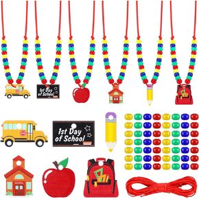 24 sets First Day of School Bead Necklace Crafts Kit Welcome Back to School Craft Gifts for Kids Apple School Bus Shape Beads DIY Necklace Supplies Jewelry Making Party Favor