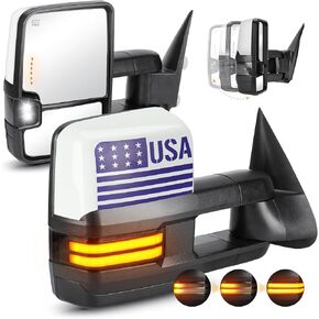 Flag Heated Towing Mirrors Fit for 2002 Chevy Avalanche 1500 2500, 99-2002 Silverado 1500 2500 3500 HD, 2001-02 GMC Sierra 2000-02 Tahoe Yukon,with Turn Signal Runing Light Manual Folding/Telescoping