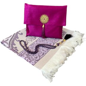 Muslim Prayer Rug and Beads with Elegant Slub Fabric Bag | Janamaz | Sajadah | Soft Islamic Prayer Rug | Islamic & Mawlid Gifts | Prayer Carpet Mat, Taffeta Fabric (Pink, 1 Sets)