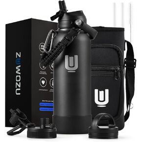 Water Bottle with Strap, 40oz Insulated Stainless Steel Water Bottle with Straw, Spout Lid & Handle, Metal Flask Jug with Carrier Bag, Great for Hiking, Sports & Gym, Black