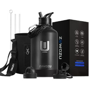 Water Bottle with Strap, 40oz Insulated Stainless Steel Water Bottle with Straw, Spout Lid & Handle, Metal Flask Jug with Carrier Bag, Great for Hiking, Sports & Gym, Black