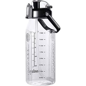 Motivational Half Gallon/64oz Water Bottle with Straw & Time Marker& Handle, Leak-Proof Tritan BPA Free Water Jug for Fitness,Outdoor, Sport (Black)