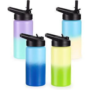 Kids Water Bottle with Straw Lid & Handle, 4 Pack 16oz Personalized Water Bottles Bulk, Dishwasher Safe, Leak Proof DIY Gift for Girls Boys to School Sports Travel Camping, Mixed Gradient Color Set