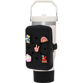 Water Bottle Pouch for Stanley, Stanley Bag Adapted to Quencher Adventure 40oz & Stanley IceFlow 20oz 30oz, Stanley Cup Pouch with 10 Random Decorations & Silicone Insulated Water Cup Sets (Black)