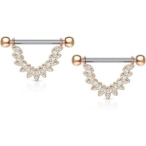 Forbidden Body Jewelry Pair of Surgical Steel 1/2 Inch (12mm) Fancy CZ Marquise Feathers Dangle Nipple Barbells