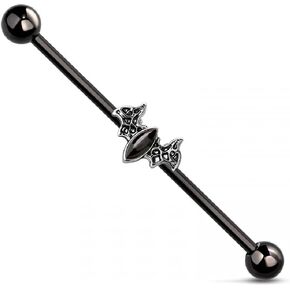 Pierced Owl 14GA Black Bat with Black Stone Body 316L Surgical Stainless Steel Industrial Cartilage Barbell