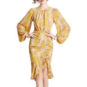 Shineflow Women's Cocktail Dress Floral Lantern Long Sleeve Crewneck Drawstring Ruched Fishtail Ruffle Hem Mini Dresses
