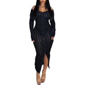 Women's Sexy Off Shoulder Dress 2024 Elegant Long Sleeve Button Down Split Ruffle Bodycon Midi Dresses Clubwear