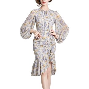 Shineflow Women's Cocktail Dress Floral Lantern Long Sleeve Crewneck Drawstring Ruched Fishtail Ruffle Hem Mini Dresses