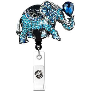 Blue Bling Elephant Badge Reel, Retractable Badge Holder with Belt Clip, ID/Name Badge Clip for Women Nurse