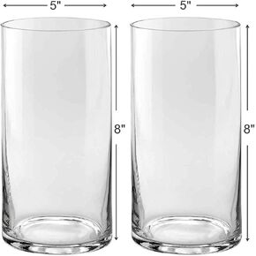 Set of 2 Glass Cylinder Vases 8 Inch Tall X 5 Inch Round - Multi-use: Pillar Candle, Floating Candles Holders or Flower Vase – Perfect as a Wedding Centerpieces.