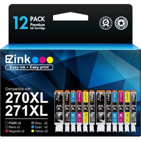 E-Z Ink Compatible Ink Cartridge Replacement for Canon PGI-270XL CLI-271XL PGI 270 to use with PIXMA TS9020 TS8020 MG7720 (2 Large Black,2 Small Black,2Cyan,2 Magenta,2 Yellow,2 Gray) 12 Pack