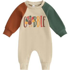 YOKJZJD Newborn Baby Boy Girl Thanksgiving Outfit Gobble Turkey Romper Jumpsuit Long Sleeve Overalls Fall Clothes