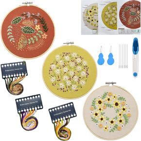 URABLAZ Embroidery Kit for Beginners Needlepoint Cross Stitch Kits for Adults, 3 Pack Embroidery Starter Kits Flower Embroidery Stitches Practice Kit with Plant Floral Pattern