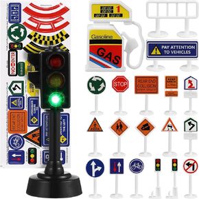 SAFIGLE 56 Pcs Traffic Signs and 2 Traffic Light Models for Kids, Assorted Color Plastic Road Signs Playset, Educational Toy for Learning Road Safety, Perfect for Home