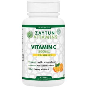 Halal Vitamin C 500mg Tablets with Rose HIPS Supports Immune System, Natural Antioxidant with Citrus Bioflavonoids - Vegan - Gluten-Free - 2 Months Supply - Halal Vitamins