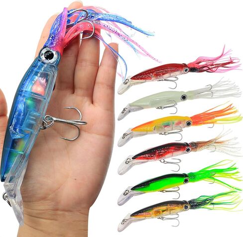 7 قطع من الطعم الصلب لصيد الحبار، مجموعة طعوم صيد مضيئة كبيرة الحجم، عيون ثلاثية الأبعاد ثلاثية الأبعاد طعوم صناعية، طُعم صيد بلاستيكي متعدد الألوان ناعم للمياه المالحة والمياه العذبة in Kuwait