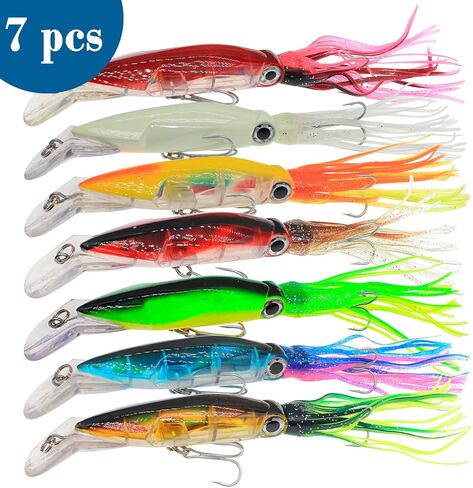 7 قطع من الطعم الصلب لصيد الحبار، مجموعة طعوم صيد مضيئة كبيرة الحجم، عيون ثلاثية الأبعاد ثلاثية الأبعاد طعوم صناعية، طُعم صيد بلاستيكي متعدد الألوان ناعم للمياه المالحة والمياه العذبة in Kuwait