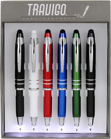 Travigo 6-Set 3-in-1 Capacitive Stylus LED Light Ballpoint Metal Pen Set | Writes in the Dark | Black White Red Green Blue in Saudi Arabia