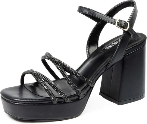 صنادل بكعب عالٍ مكتنزة للنساء، كعب مرصع بأحجار الراين مفتوح عند الأصابع مع حزام للكاحل وكعب عريض لفستان الرقص والحفلات الراقصة in Kuwait