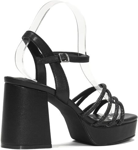 صنادل بكعب عالٍ مكتنزة للنساء، كعب مرصع بأحجار الراين مفتوح عند الأصابع مع حزام للكاحل وكعب عريض لفستان الرقص والحفلات الراقصة in Kuwait