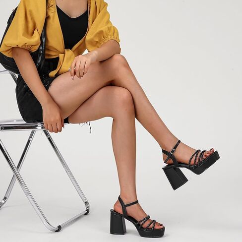 صنادل بكعب عالٍ مكتنزة للنساء، كعب مرصع بأحجار الراين مفتوح عند الأصابع مع حزام للكاحل وكعب عريض لفستان الرقص والحفلات الراقصة in Kuwait