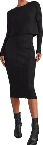Lauweion Women Casual 2 Piece Dress Outfits Long Sleeve Crewneck Ribbed Knit Crop Sweater and Bodycon Midi Dress Set in Kuwait