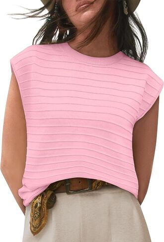 Women Sweater Vest Short Sleeve Crew Neck Knitted Tops Summer Sweater Pullover Tops Light Pink S in Saudi Arabia