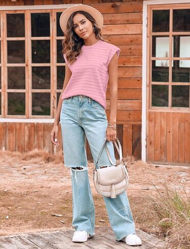 Women Sweater Vest Short Sleeve Crew Neck Knitted Tops Summer Sweater Pullover Tops Light Pink S in Saudi Arabia