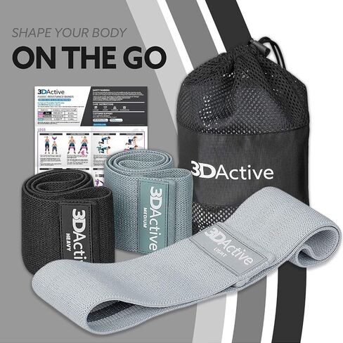 3DActive Fabric Resistance Bands for Legs and Butt. Wide Non-Slip Hip Band Set for Home and Gym Workouts. Exercise Guide and Carry Bag Included in Saudi Arabia