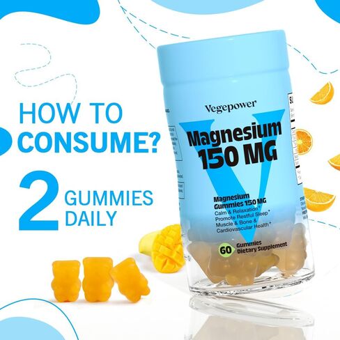 Vegan Magnesium Citrate Gummies, 150mg Magnesium Gummies for Adults & Kids, High Absorption Calm Magnesium Supplement for Sleep, Muscle Relax, Nerve and Bone Health, Gluten Free, Non-GMO, 60 Gummies in Kuwait