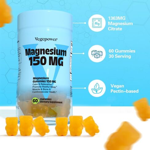 Vegan Magnesium Citrate Gummies, 150mg Magnesium Gummies for Adults & Kids, High Absorption Calm Magnesium Supplement for Sleep, Muscle Relax, Nerve and Bone Health, Gluten Free, Non-GMO, 60 Gummies in Kuwait