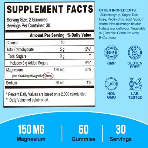Vegan Magnesium Citrate Gummies, 150mg Magnesium Gummies for Adults & Kids, High Absorption Calm Magnesium Supplement for Sleep, Muscle Relax, Nerve and Bone Health, Gluten Free, Non-GMO, 60 Gummies in Kuwait