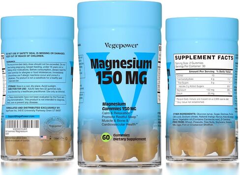 Vegan Magnesium Citrate Gummies, 150mg Magnesium Gummies for Adults & Kids, High Absorption Calm Magnesium Supplement for Sleep, Muscle Relax, Nerve and Bone Health, Gluten Free, Non-GMO, 60 Gummies in Kuwait