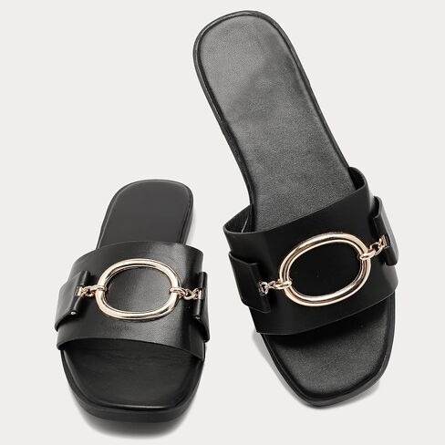 Women's Flat Slippers square open toe slide Shoes Summer dressy sandals for women. in Saudi Arabia
