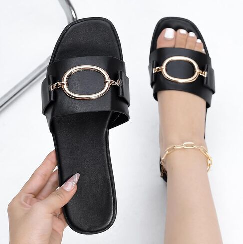 Women's Flat Slippers square open toe slide Shoes Summer dressy sandals for women. in Saudi Arabia