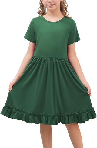 GORLYA Girls Casual Loose A-Line Twirly Ruffle Hem Swing Skater T-Shirt Dress with Pockets Age 4-14Y in Saudi Arabia
